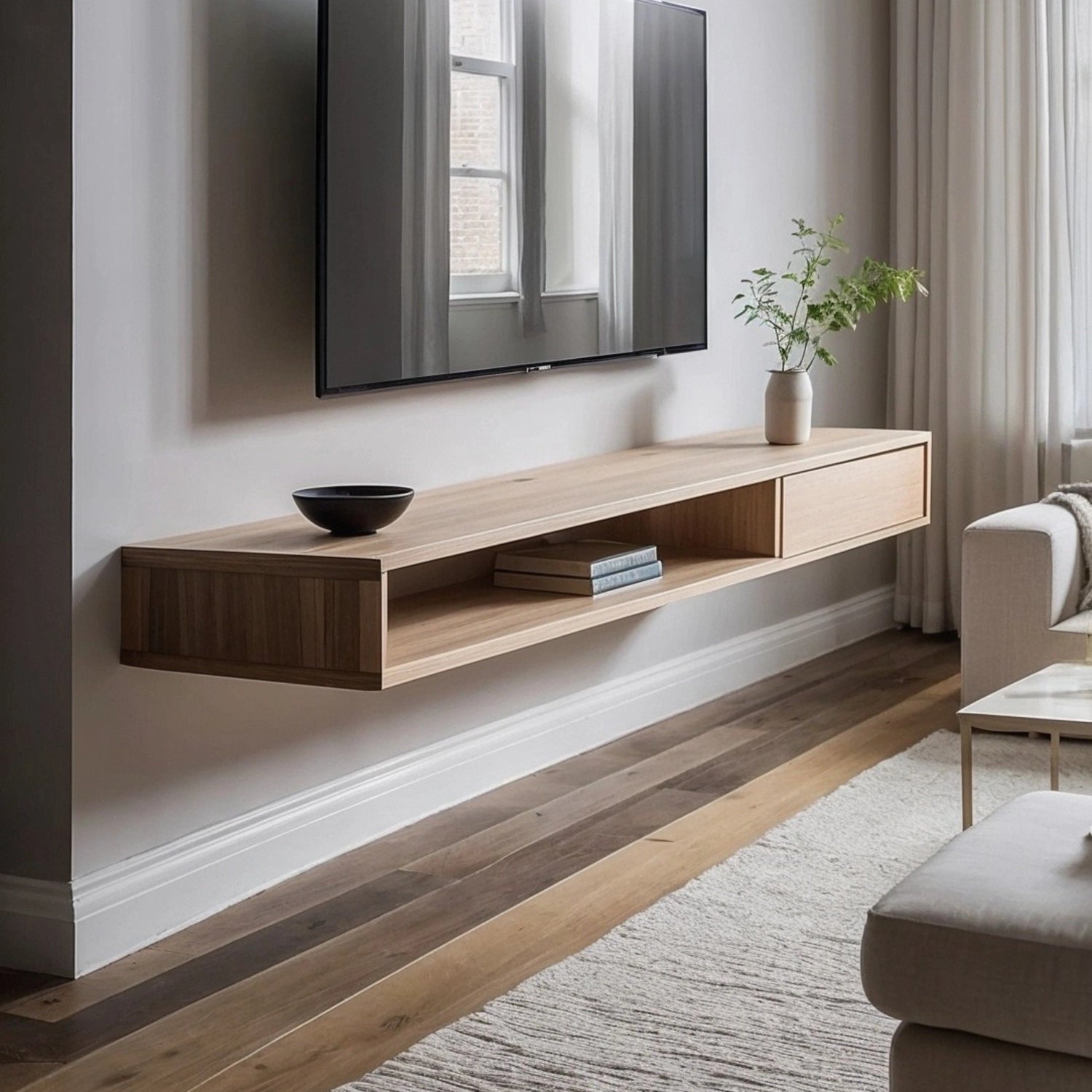 CharmyDecor White Oak Floating TV Stand with Drawer – 71 Wall-Mounted Media Console