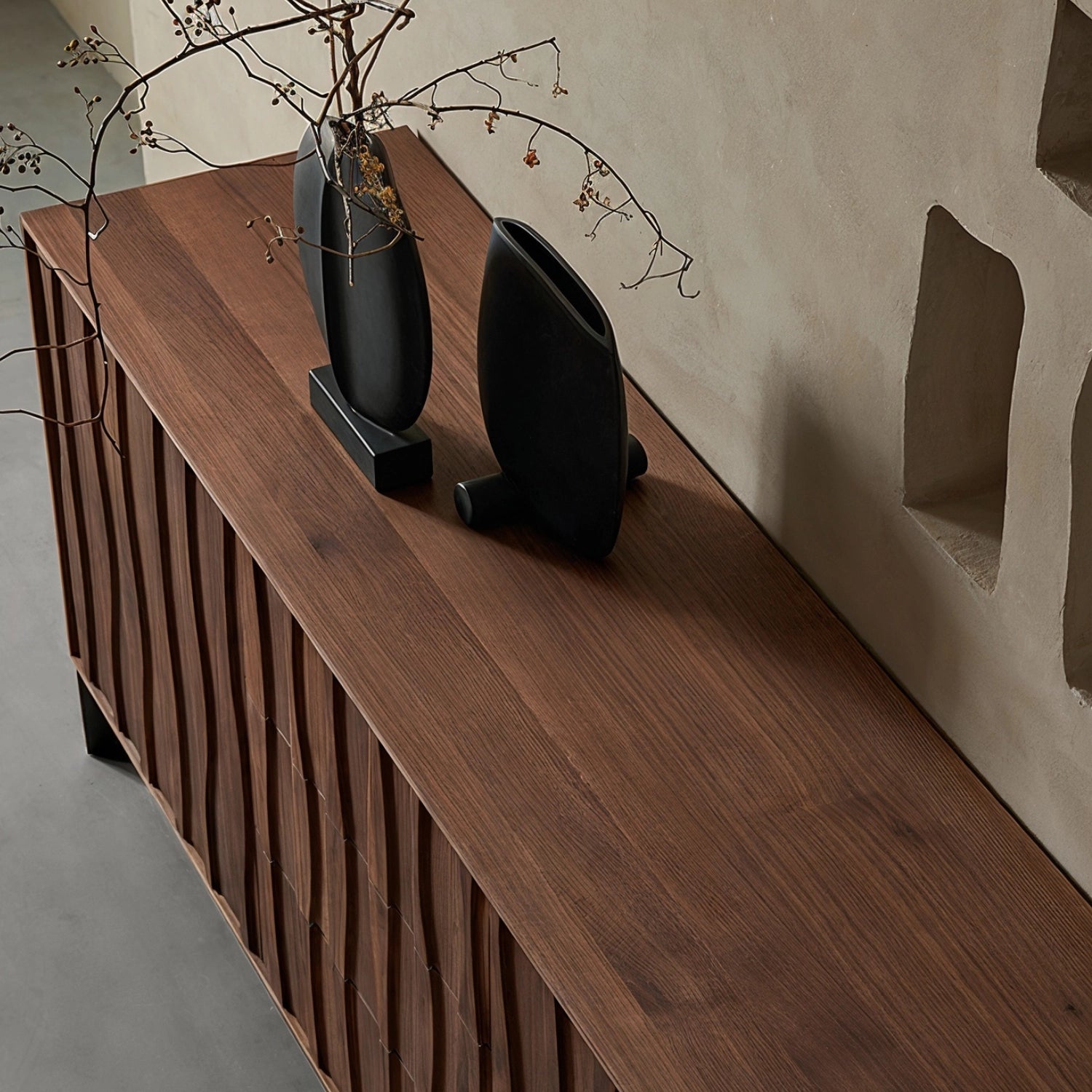 top_view_walnut_sideboard_buffet_with_decor_vases.jpg Top-view of a