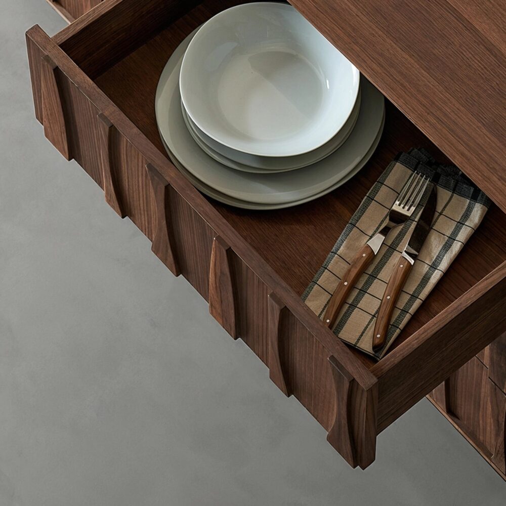walnut_sideboard_buffet_drawer_with_plates_and_cutlery.jpg Walnut veneer sideboard buffet