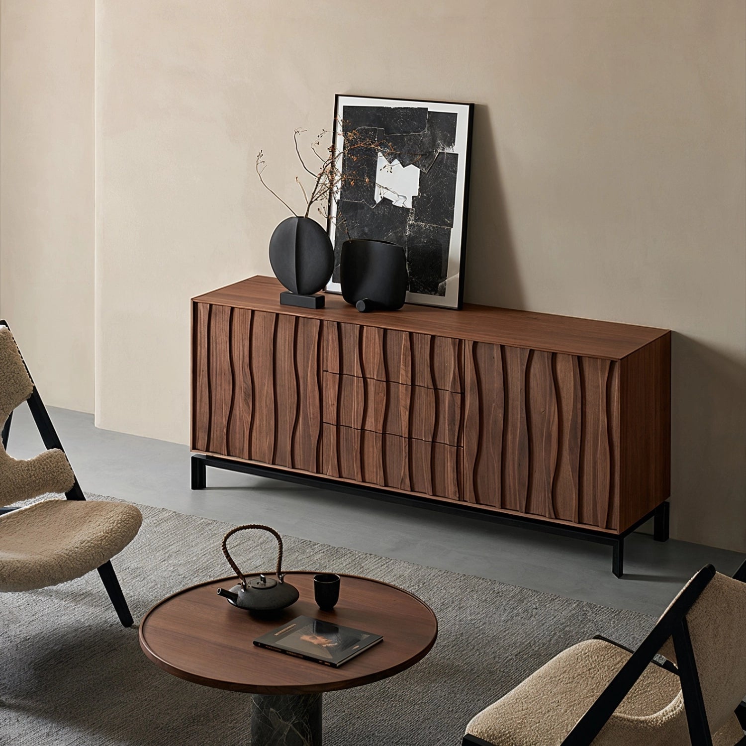 walnut_sideboard_buffet_with_black_vases_and_artwork.jpg Modern walnut sideboard buffet