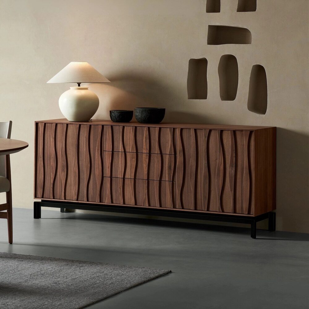 walnut_wood_veneer_sideboard_buffet_with_lamp_and_decor.jpg Modern walnut wood veneer sideboard