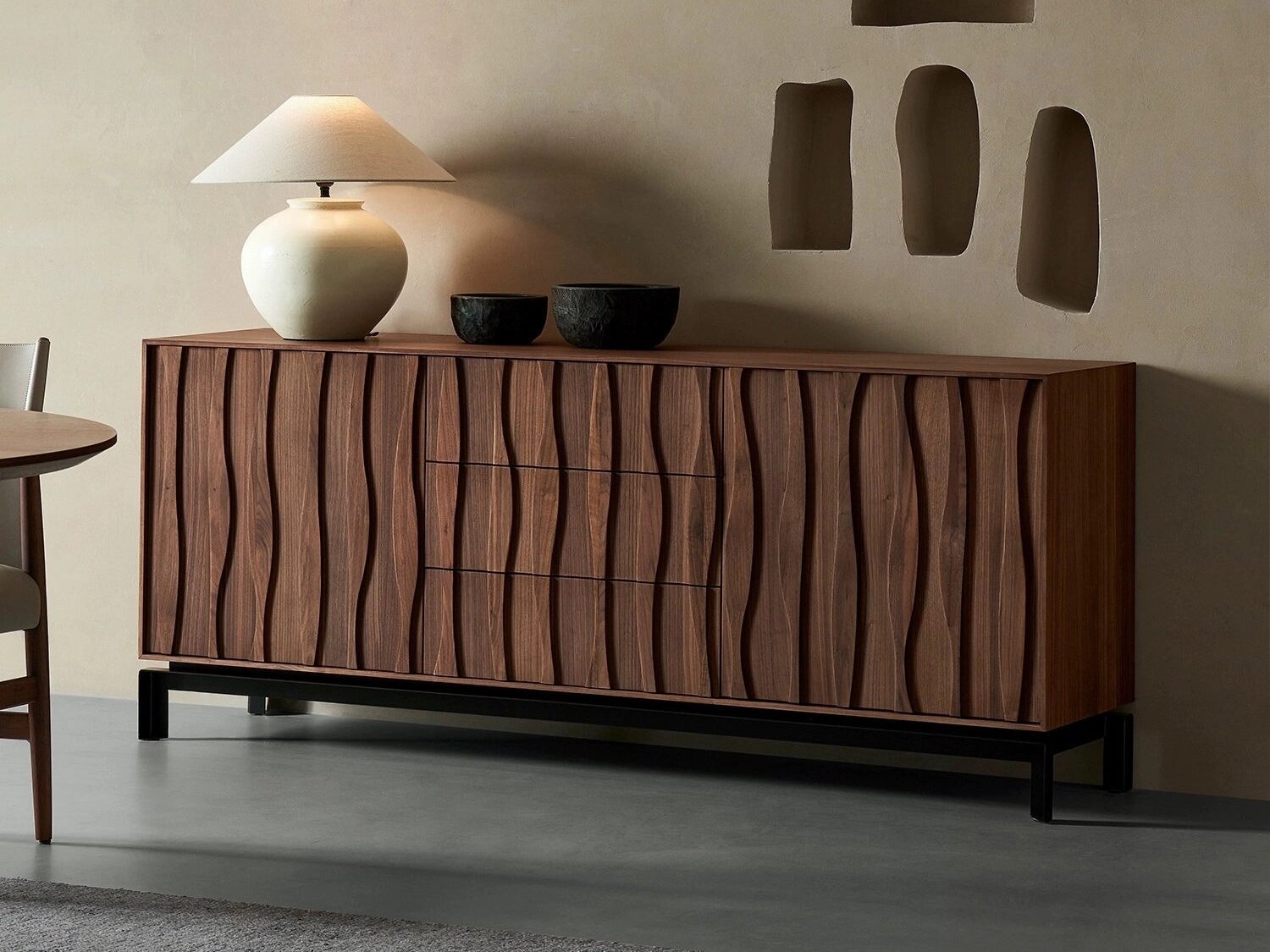 Modern walnut wood veneer sideboard