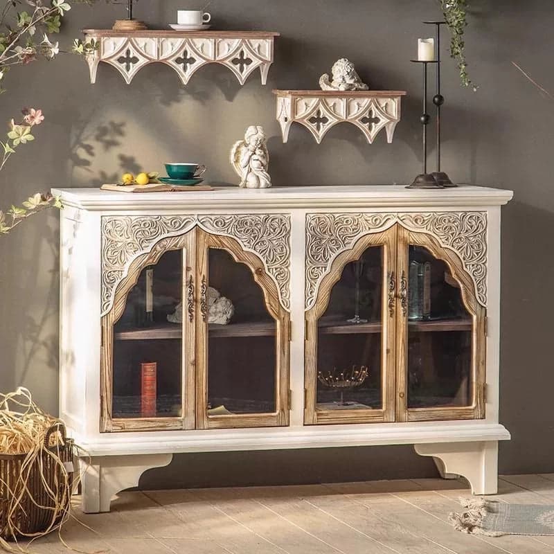 white_natural_carved_sideboard_intricate_arch_design_doors.jpg White natural carved fir wood