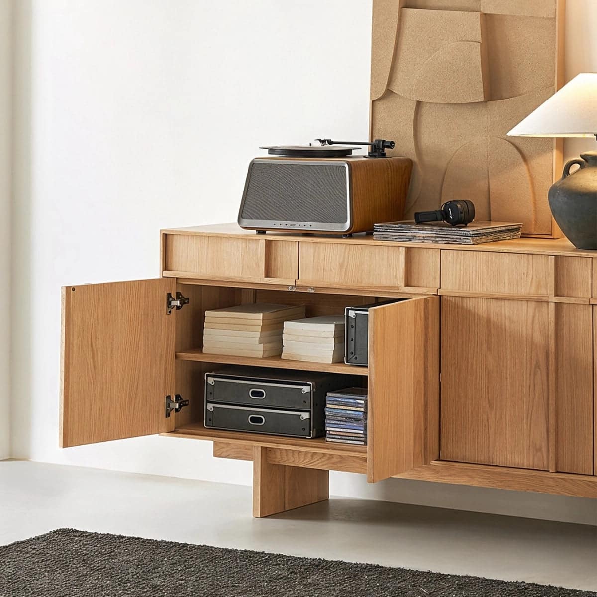 wooden_sideboard_cabinet_open_adjustable_shelves_books_storage_boxes.jpg Modern white oak sideboard cabinet
