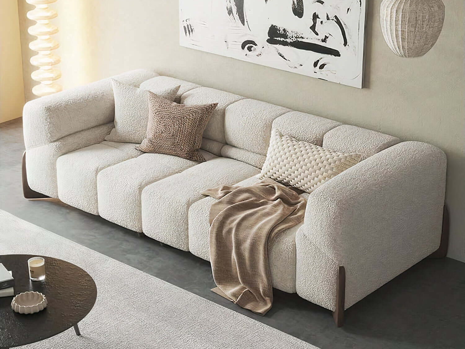 Violet boucle sofa with sleek