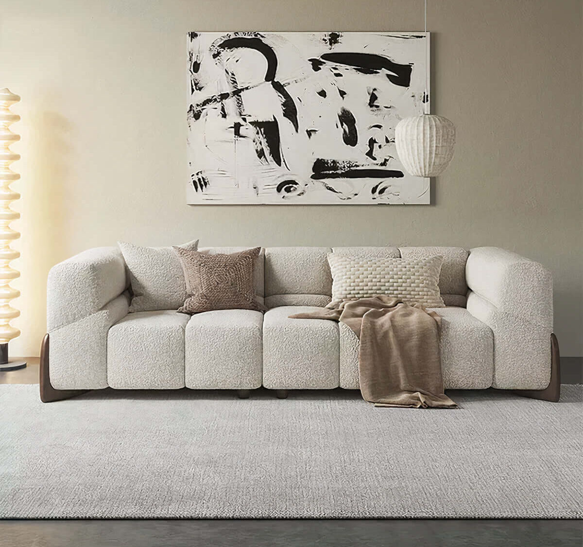 Violet boucle sofa with a