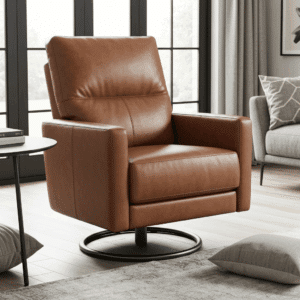 Ormau contemporary brown leather swivel recliner chair with a sleek silhouette and circular black metal base.