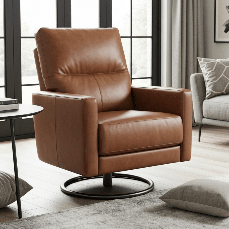 Ormau contemporary brown leather swivel recliner chair with a sleek silhouette and circular black metal base.