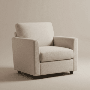 Ormau modern cream bouclé fabric armchair with square armrests and dark wooden block feet.