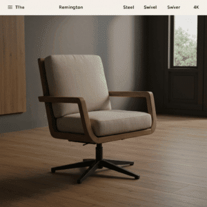 Ormau Remington modern swivel armchair with light grey fabric cushions and a warm wood frame on a black metal base.