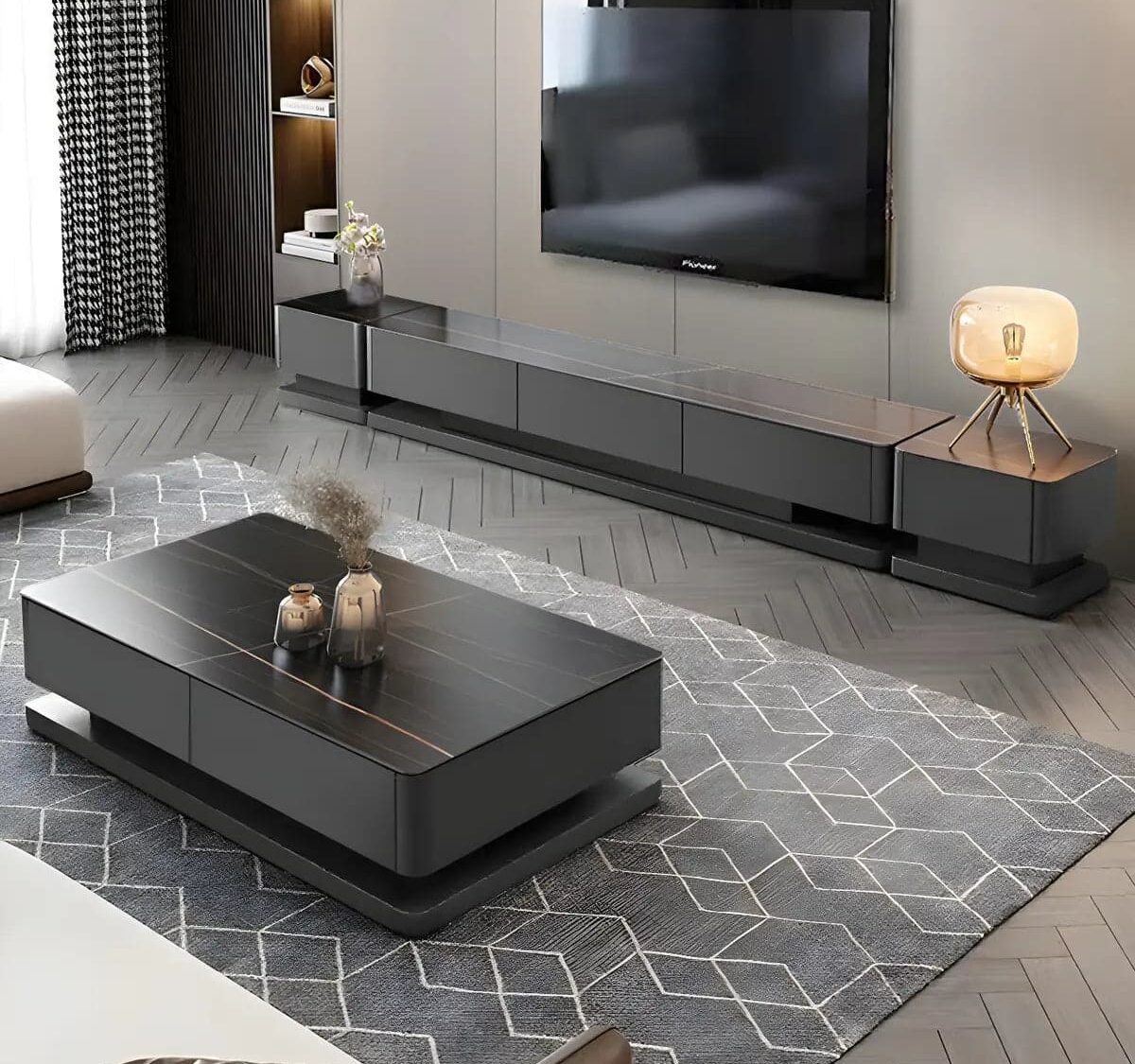 Black Stone Rectangle Enclosed Storage Drawers Tv Stand 2