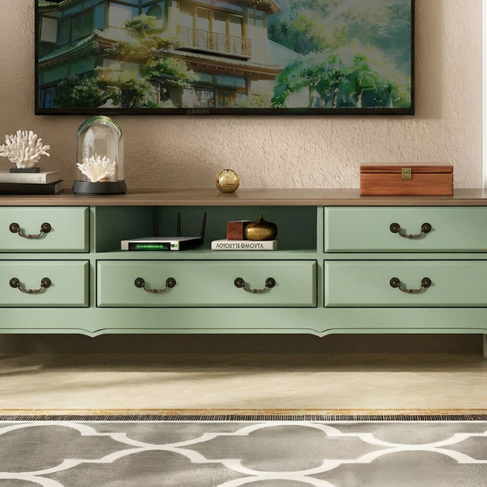 Brown-Green Wood Open Storage Drawers Long TV Stand - resized - 相册图 #4 Brown-Green Wood Open Storage Drawers Long TV Stand 相册图 #4 resized