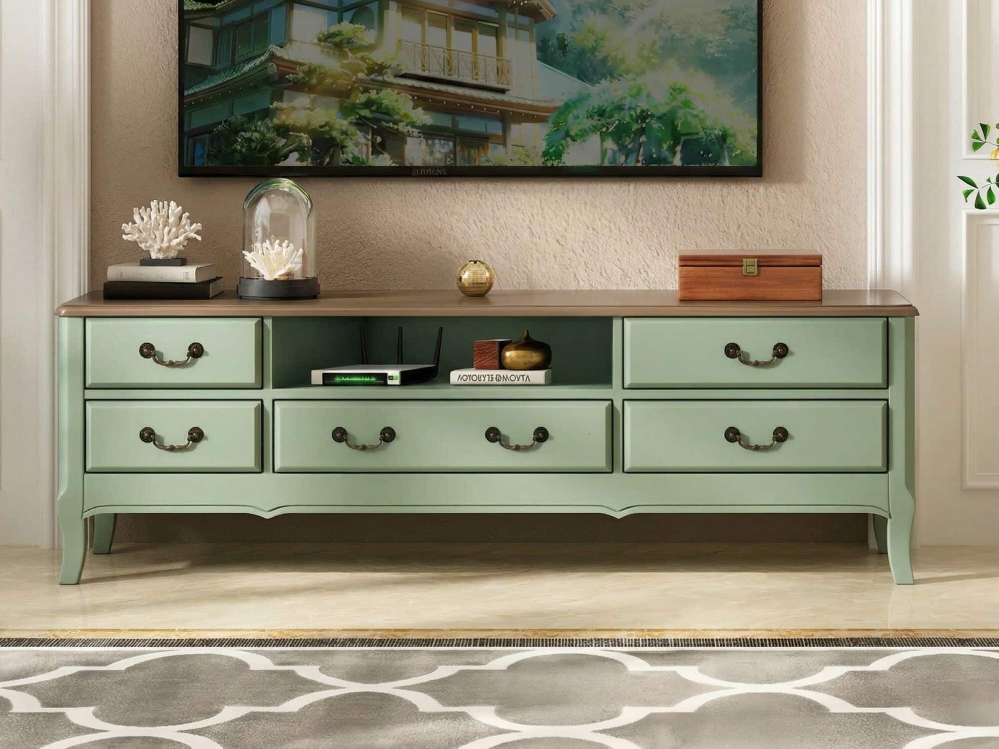 Brown-Green Wood Open Storage Drawers Long TV Stand - resized - 相册图 #4 Brown-Green Wood Open Storage Drawers Long TV Stand 相册图 #4 resized