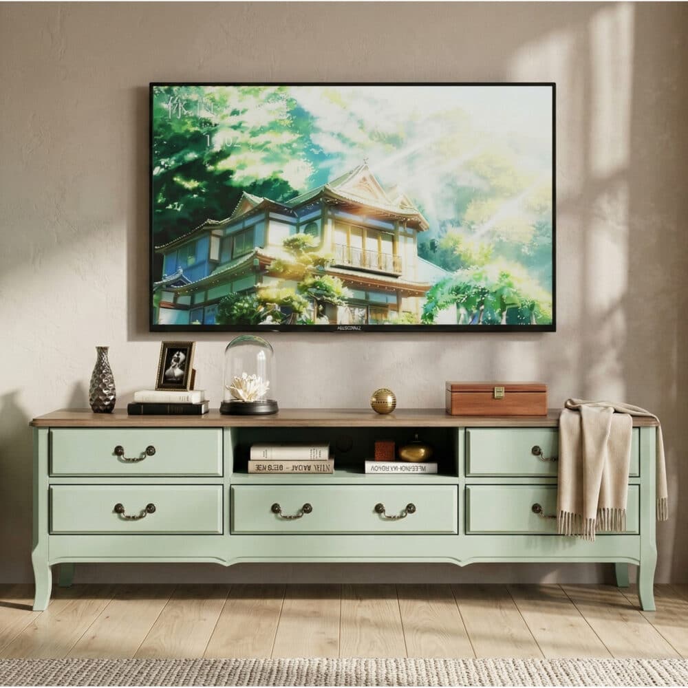 Brown-Green Wood Open Storage Drawers Long TV Stand - scene - 商品主图 Brown-Green Wood Open Storage Drawers Long TV Stand 商品主图 scene