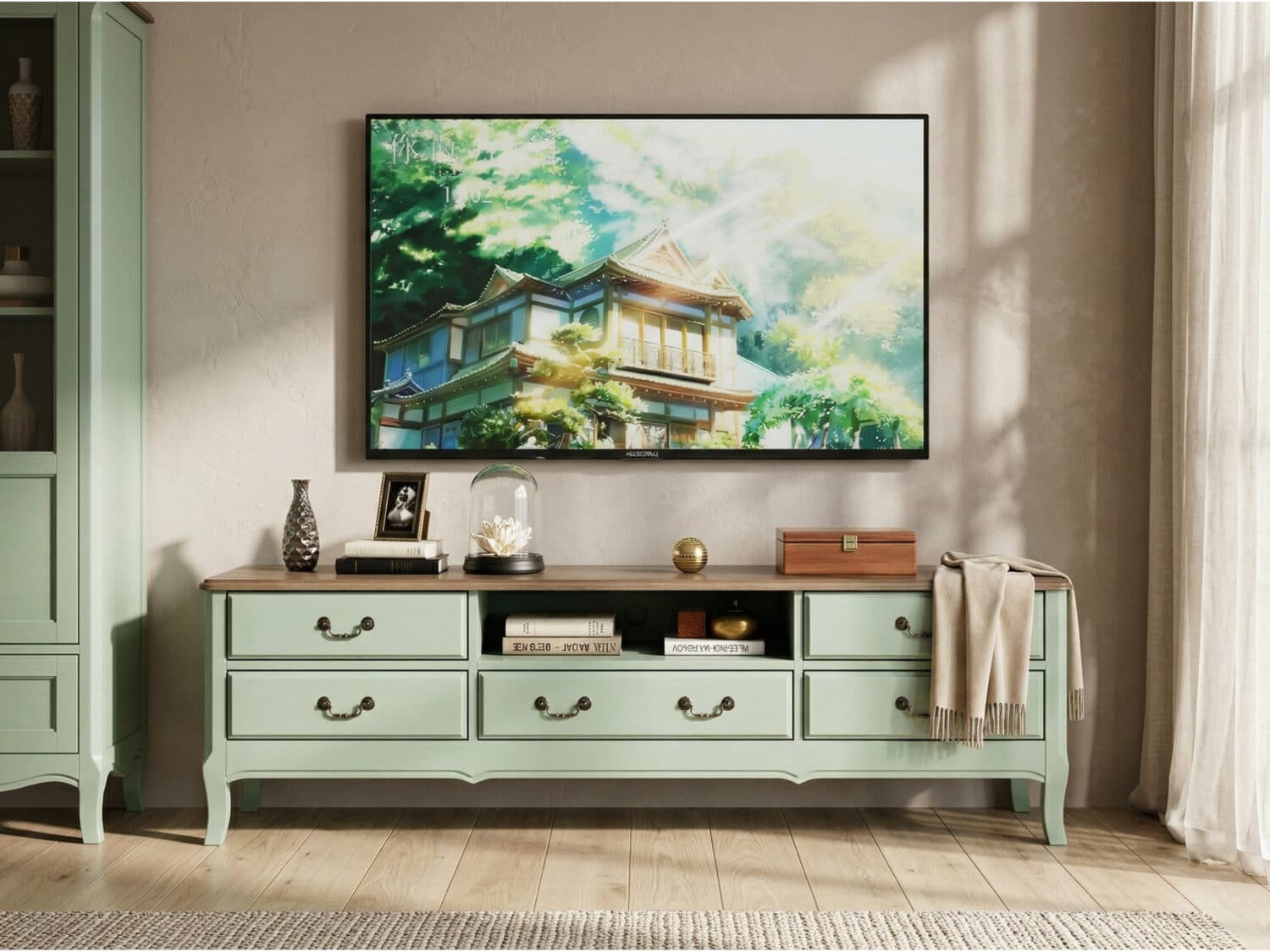 Brown-Green Wood Open Storage Drawers Long TV Stand 商品主图 scene