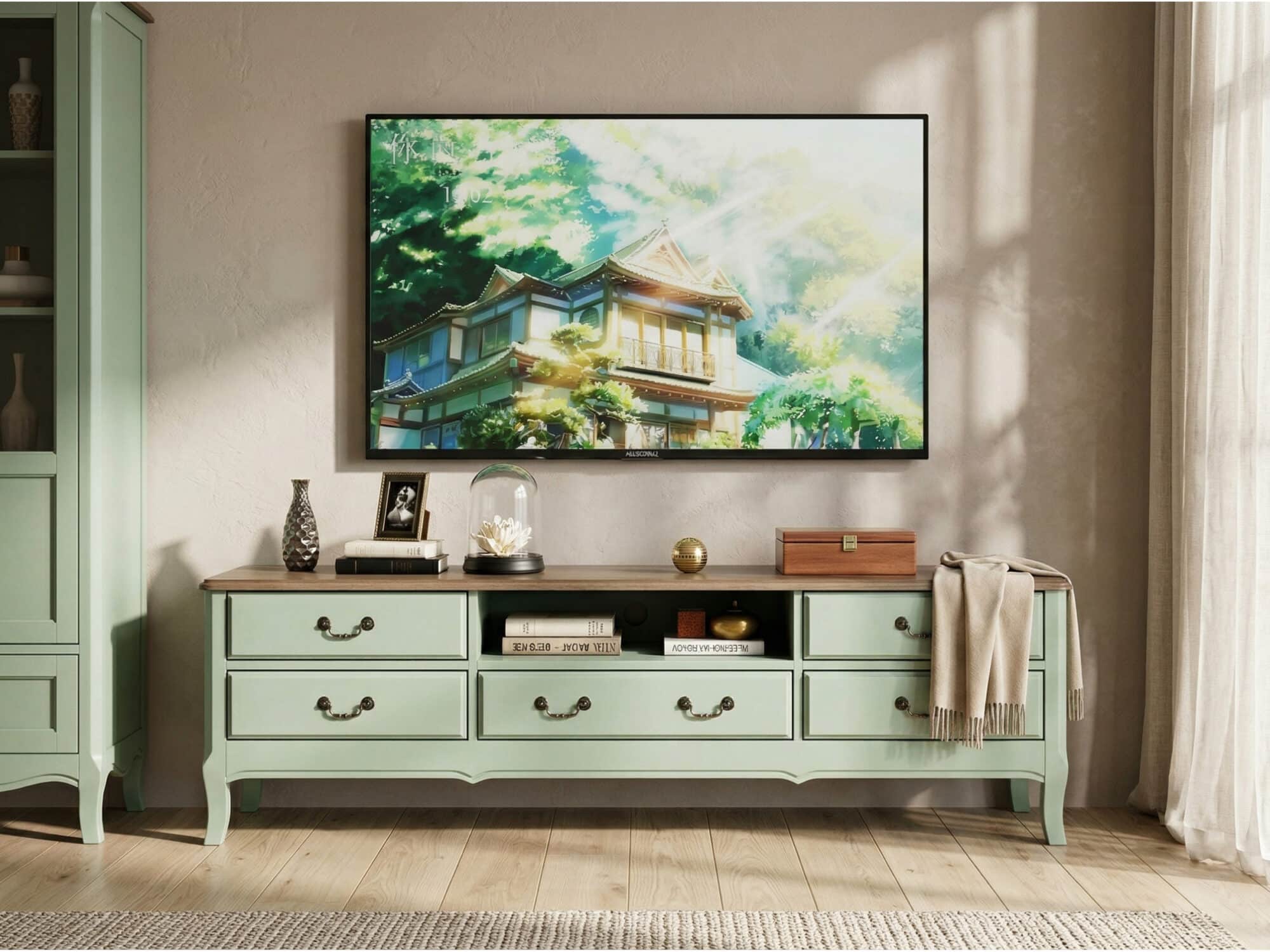Brown-Green Wood Open Storage Drawers Long TV Stand - scene - 商品主图 Brown-Green Wood Open Storage Drawers Long TV Stand 商品主图 scene