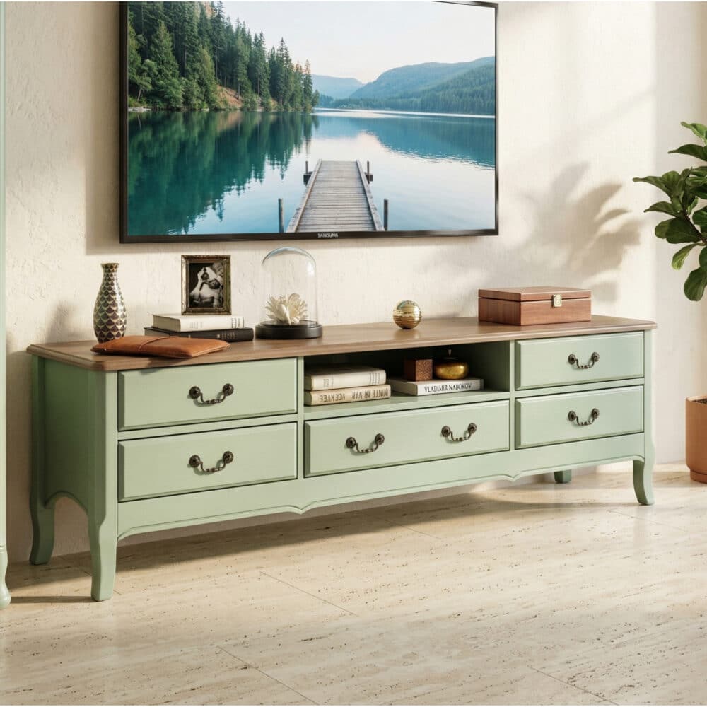 Brown-Green Wood Open Storage Drawers Long TV Stand - scene - 相册图 #1 Brown-Green Wood Open Storage Drawers Long TV Stand 相册图 #1 scene