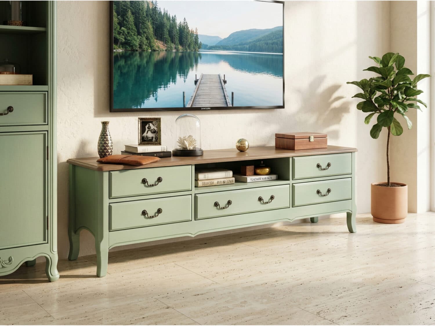 Brown-Green Wood Open Storage Drawers Long TV Stand 相册图 #1 scene