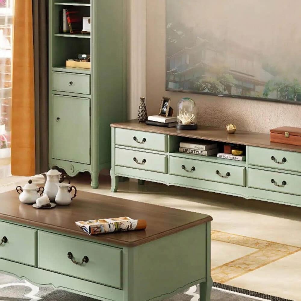 Brown-Green Wood Open Storage Drawers Long TV Stand - scene - 相册图 #2 Brown-Green Wood Open Storage Drawers Long TV Stand 相册图 #2 scene