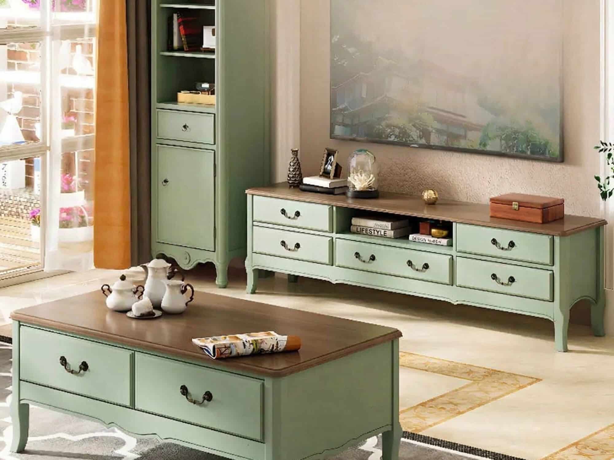 Brown-Green Wood Open Storage Drawers Long TV Stand - scene - 相册图 #2 Brown-Green Wood Open Storage Drawers Long TV Stand 相册图 #2 scene