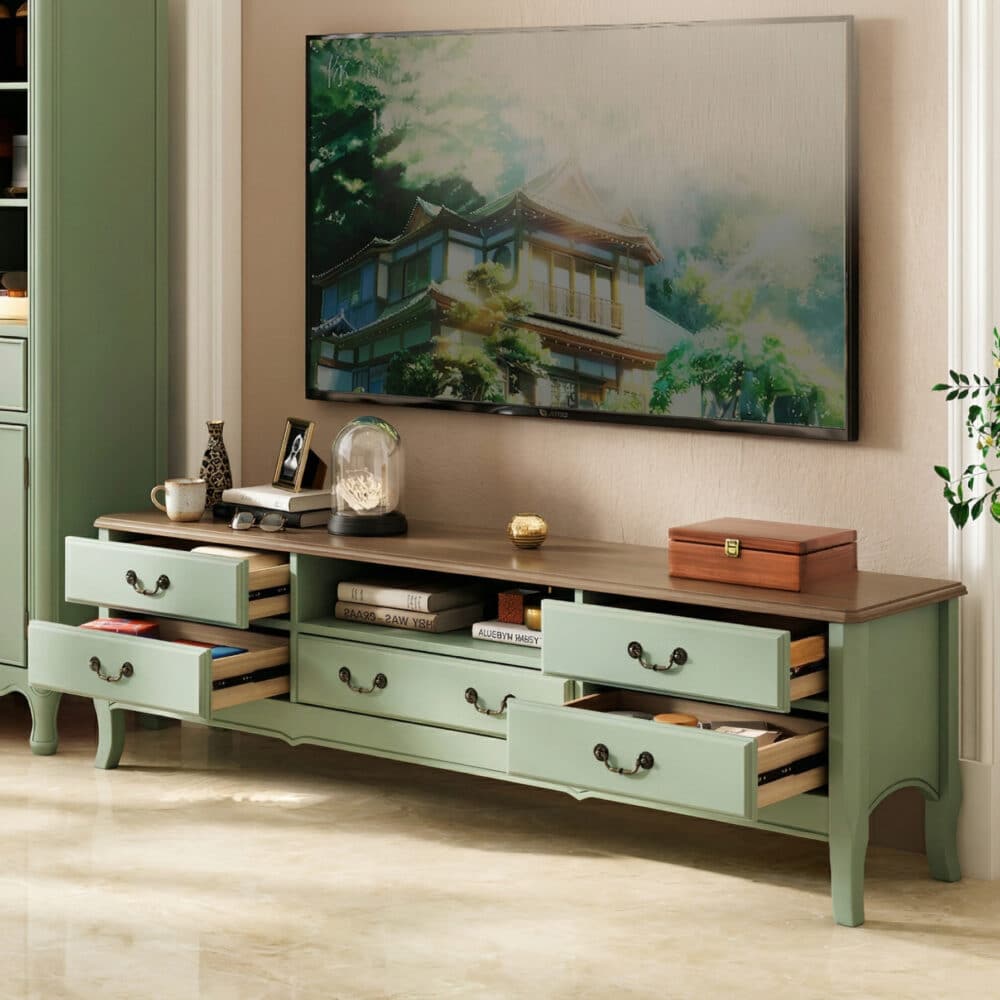 Brown-Green Wood Open Storage Drawers Long TV Stand - scene - 相册图 #3 Brown-Green Wood Open Storage Drawers Long TV Stand 相册图 #3 scene