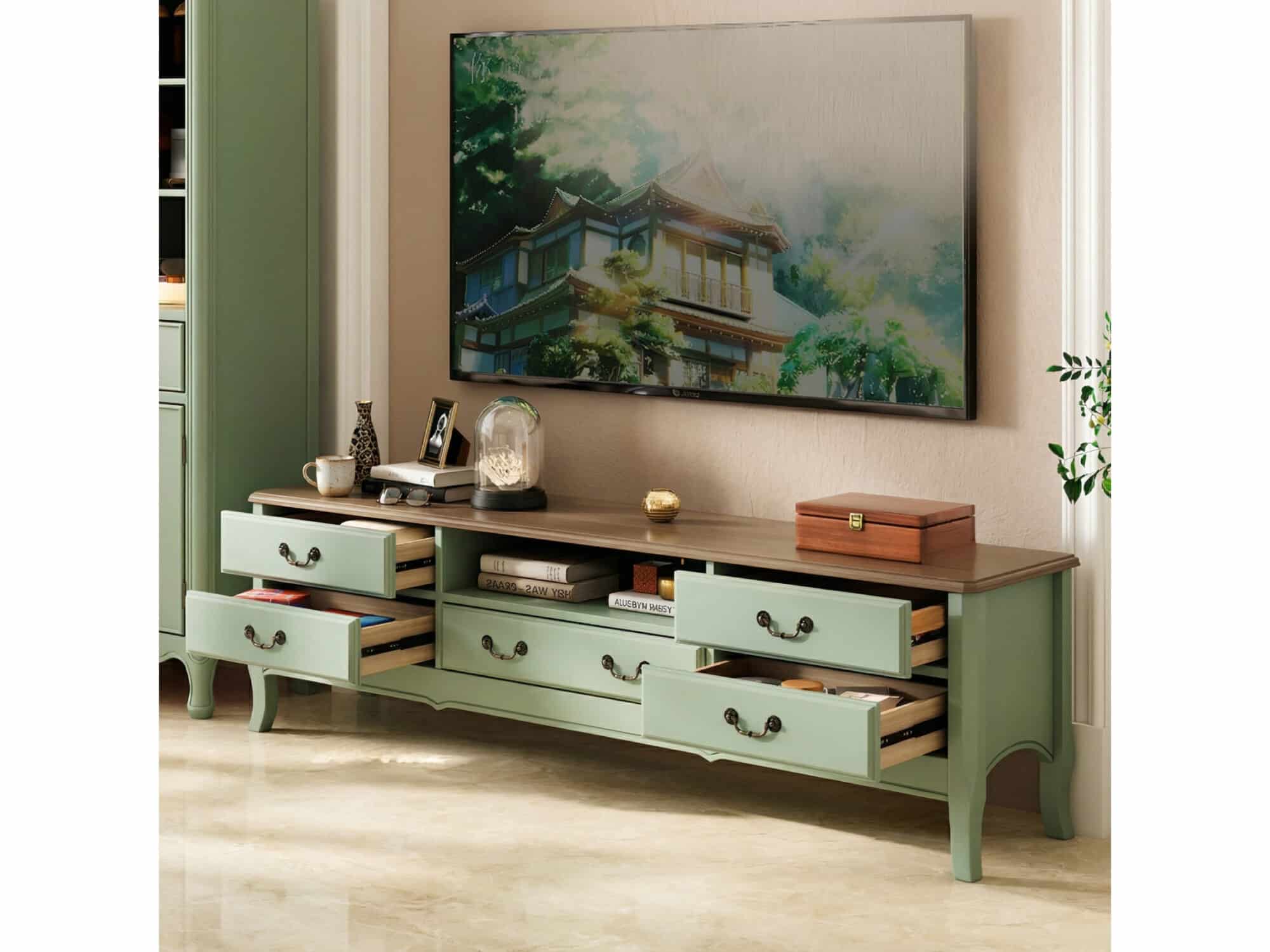 Brown-Green Wood Open Storage Drawers Long TV Stand - scene - 相册图 #3 Brown-Green Wood Open Storage Drawers Long TV Stand 相册图 #3 scene