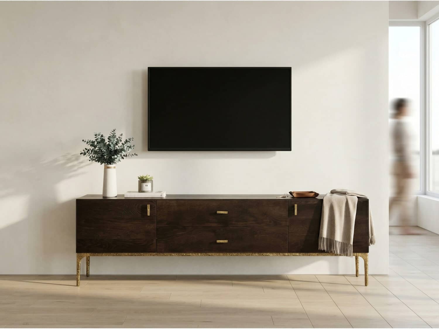 Brown Long Espresso Wood Tone Oak Cabinet TV Stand - scene - 商品主图 Brown Long Espresso Wood Tone Oak Cabinet TV Stand 商品主图 scene