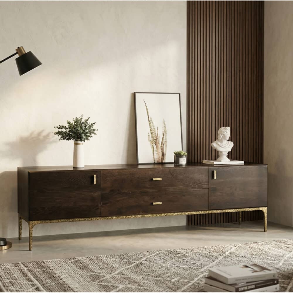 Brown Long Espresso Wood Tone Oak Cabinet TV Stand - scene - 相册图 #2 Brown Long Espresso Wood Tone Oak Cabinet TV Stand 相册图 #2 scene