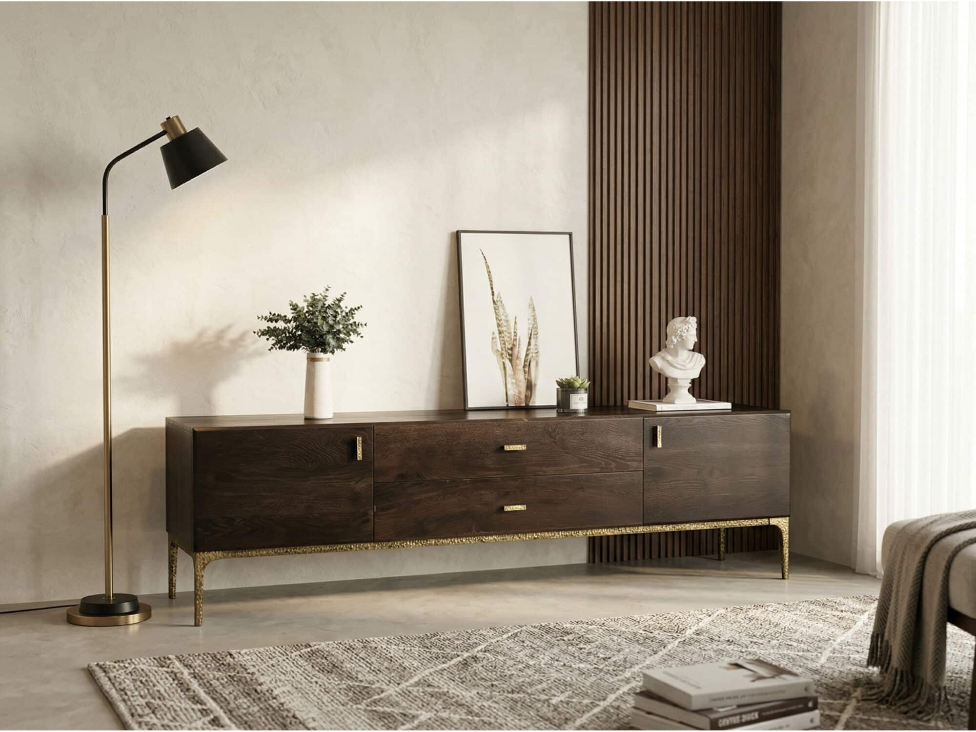 Brown Long Espresso Wood Tone Oak Cabinet TV Stand - scene - 相册图 #2 Brown Long Espresso Wood Tone Oak Cabinet TV Stand 相册图 #2 scene