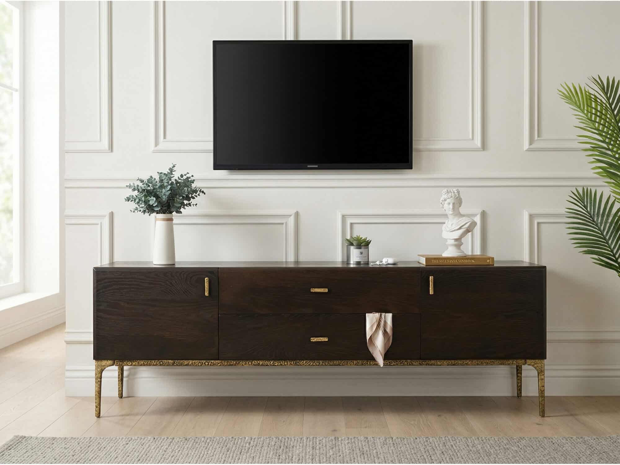 Brown Long Espresso Wood Tone Oak Cabinet TV Stand - scene - 相册图 #4 Brown Long Espresso Wood Tone Oak Cabinet TV Stand 相册图 #4 scene