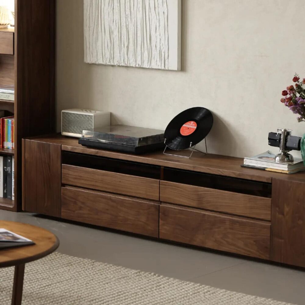 brown-walnut-wood-cabinet-drawers-shelf-long-tv-stand-3 Brown Walnut Wood Cabinet Drawers Shelf Long Tv Stand 3