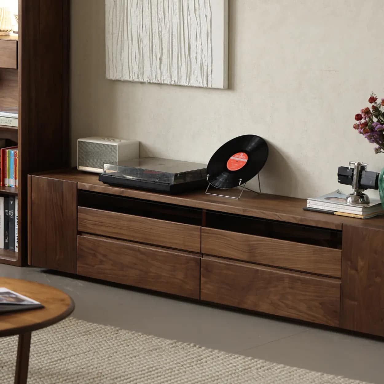 brown-walnut-wood-cabinet-drawers-shelf-long-tv-stand-3 Brown Walnut Wood Cabinet Drawers Shelf Long Tv Stand 3