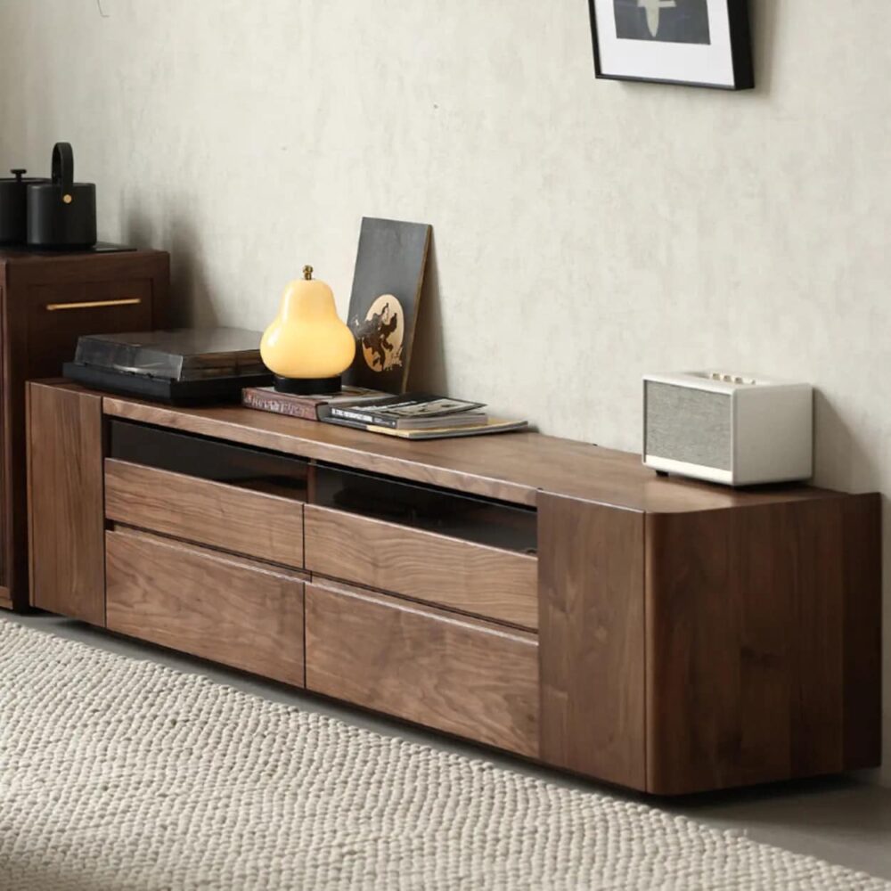 brown-walnut-wood-cabinet-drawers-shelf-long-tv-stand-4 Brown Walnut Wood Cabinet Drawers Shelf Long Tv Stand 4