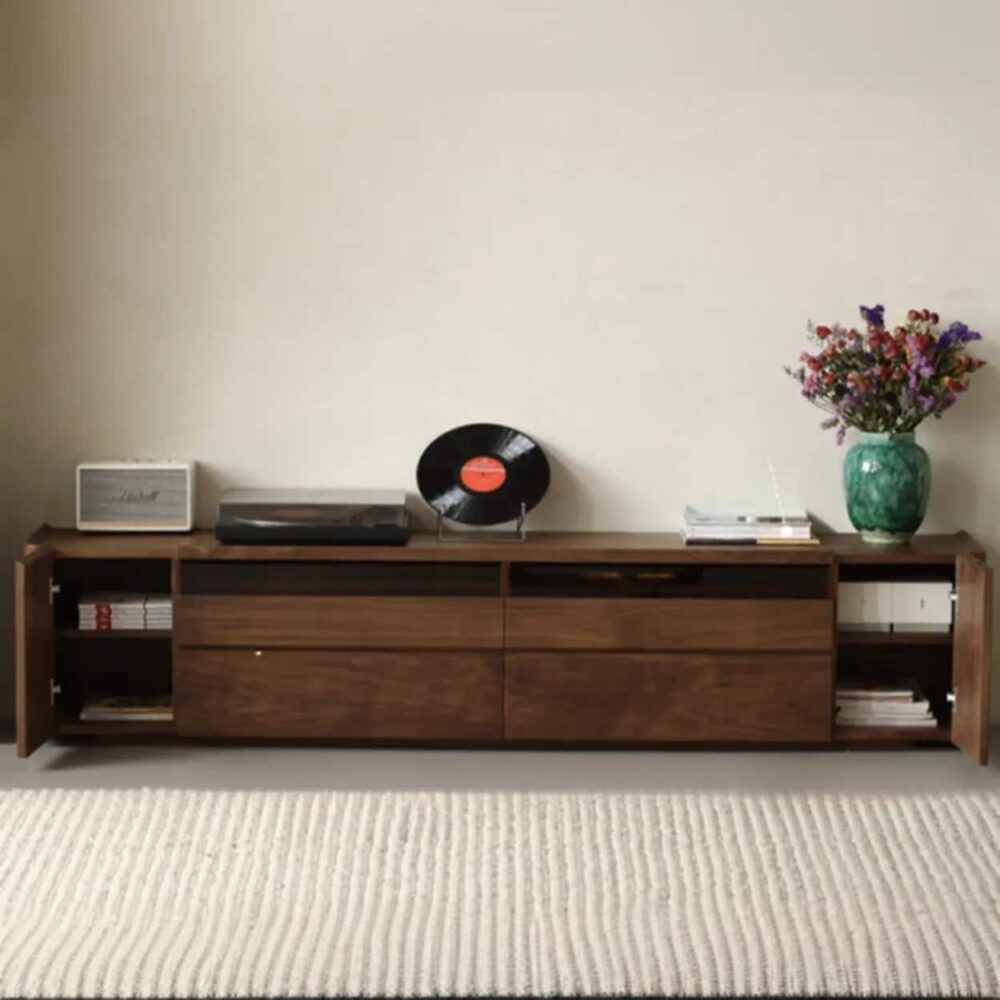 brown-walnut-wood-cabinet-drawers-shelf-long-tv-stand-5 Brown Walnut Wood Cabinet Drawers Shelf Long Tv Stand 5