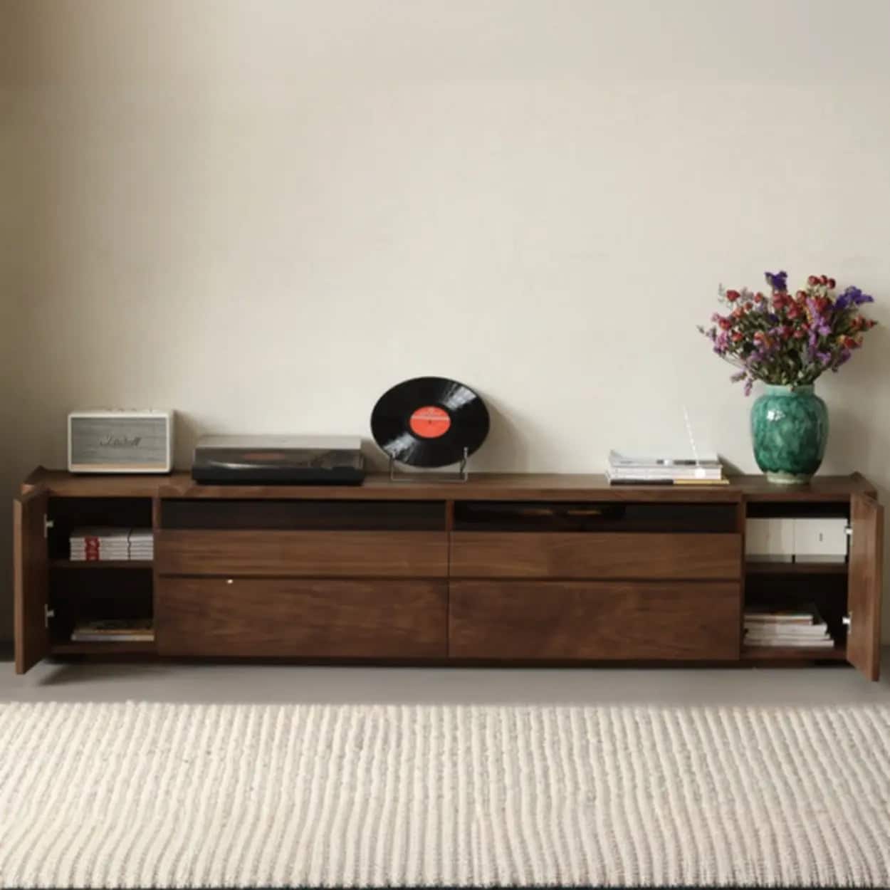 brown-walnut-wood-cabinet-drawers-shelf-long-tv-stand-5 Brown Walnut Wood Cabinet Drawers Shelf Long Tv Stand 5