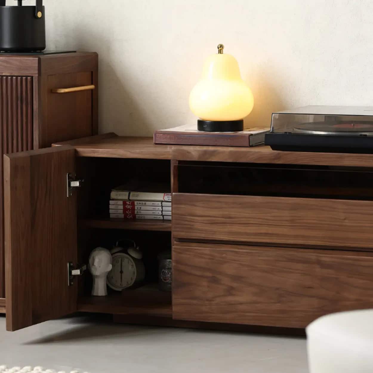 brown-walnut-wood-cabinet-drawers-shelf-long-tv-stand-7 Brown Walnut Wood Cabinet Drawers Shelf Long Tv Stand 7