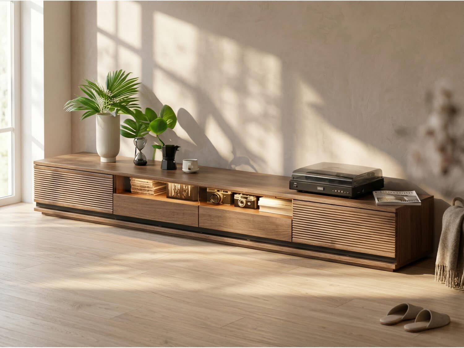 Brown Walnut Wood Drawers Rectangle 2 Tiers TV Stand 商品主图 scene