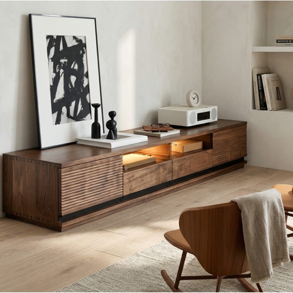 Brown Walnut Wood Drawers Rectangle 2 Tiers TV Stand - scene - 相册图 #2 Brown Walnut Wood Drawers Rectangle 2 Tiers TV Stand 相册图 #2 scene