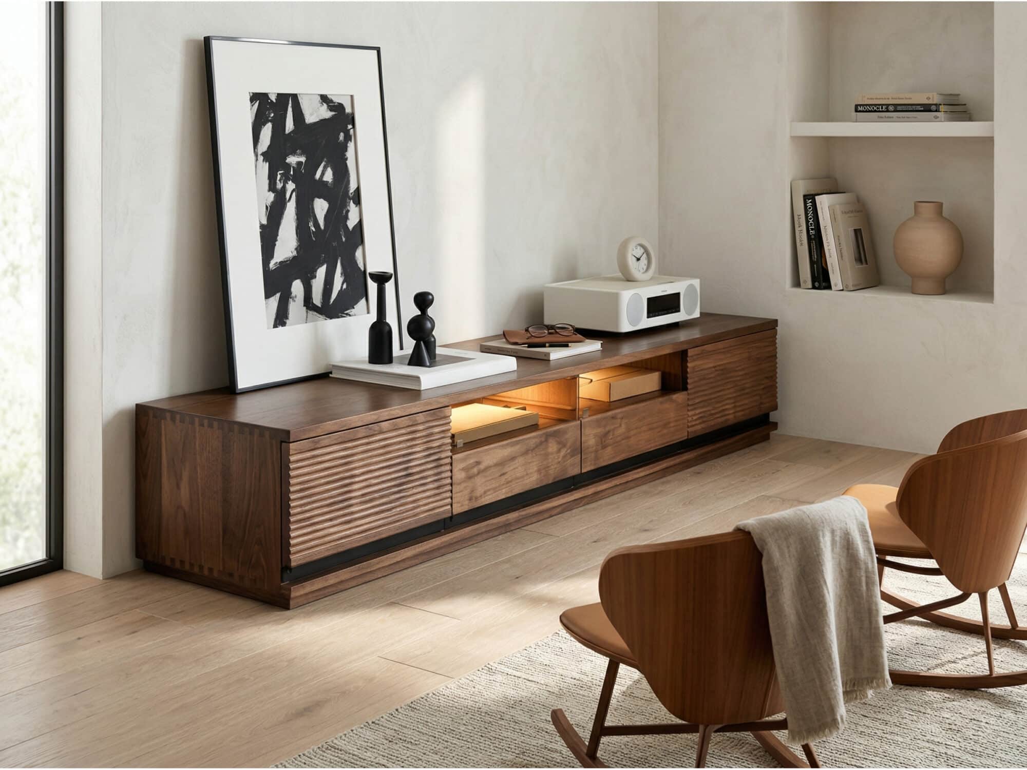 Brown Walnut Wood Drawers Rectangle 2 Tiers TV Stand - scene - 相册图 #2 Brown Walnut Wood Drawers Rectangle 2 Tiers TV Stand 相册图 #2 scene
