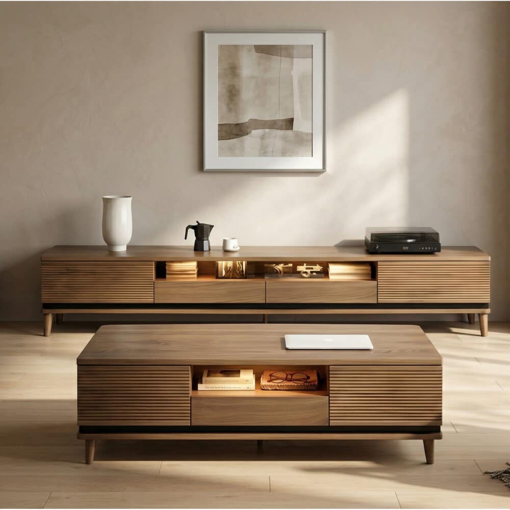 Brown Walnut Wood Drawers Rectangle 2 Tiers TV Stand - scene - 相册图 #3 Brown Walnut Wood Drawers Rectangle 2 Tiers TV Stand 相册图 #3 scene