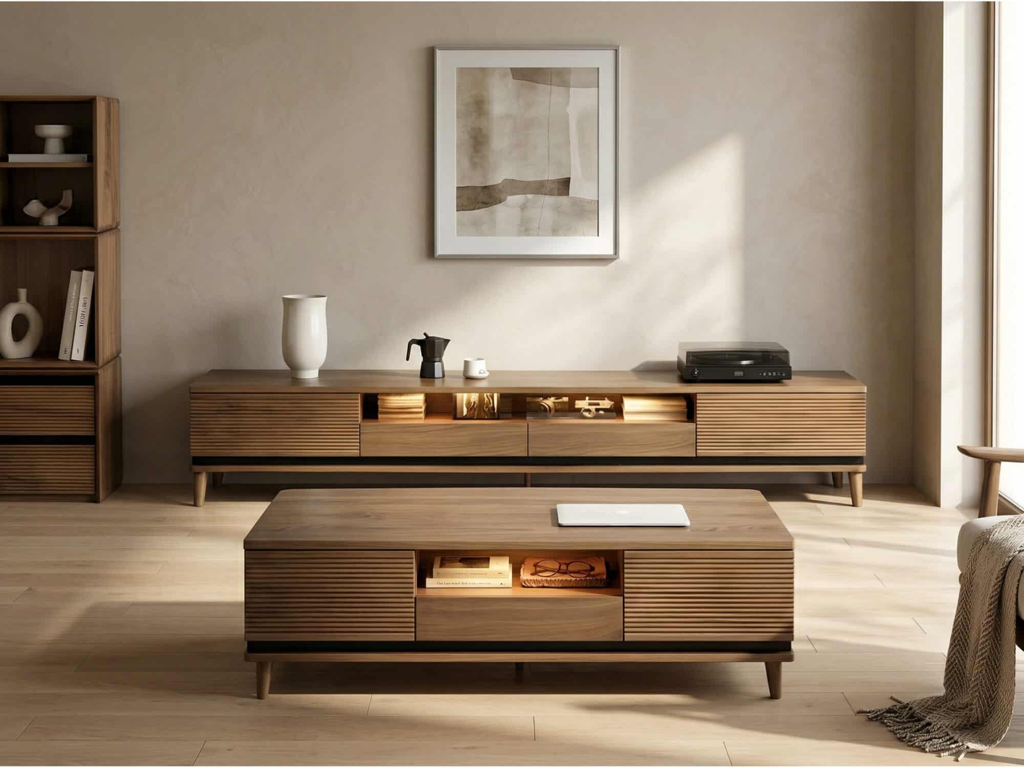 Brown Walnut Wood Drawers Rectangle 2 Tiers TV Stand - scene - 相册图 #3 Brown Walnut Wood Drawers Rectangle 2 Tiers TV Stand 相册图 #3 scene