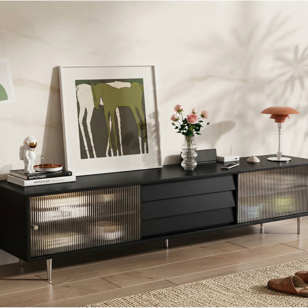 Brown Wood Enclosed Storage TV Stand with Shelves - scene - 相册图 #3 Brown Wood Enclosed Storage TV Stand with Shelves 相册图 #3 scene