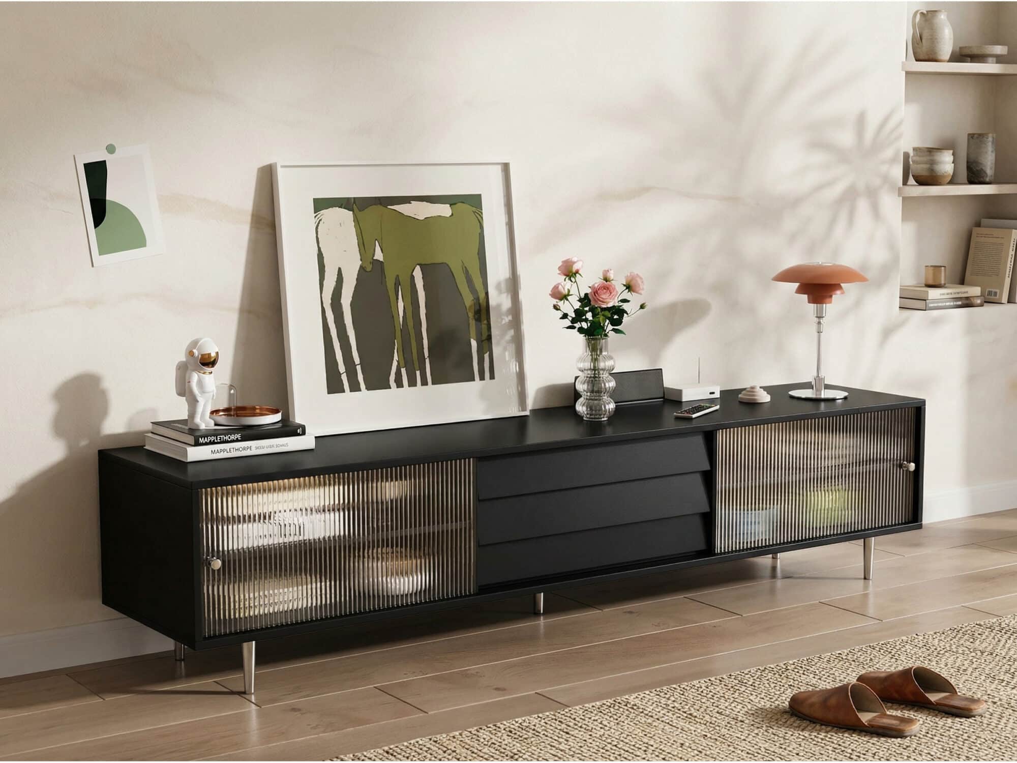 Brown Wood Enclosed Storage TV Stand with Shelves - scene - 相册图 #3 Brown Wood Enclosed Storage TV Stand with Shelves 相册图 #3 scene