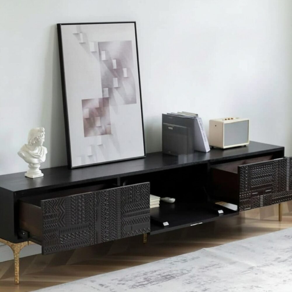 elegant-black-wood-rectangle-carving-long-tv-stand-3 Elegant Black Wood Rectangle Carving Long Tv Stand 3