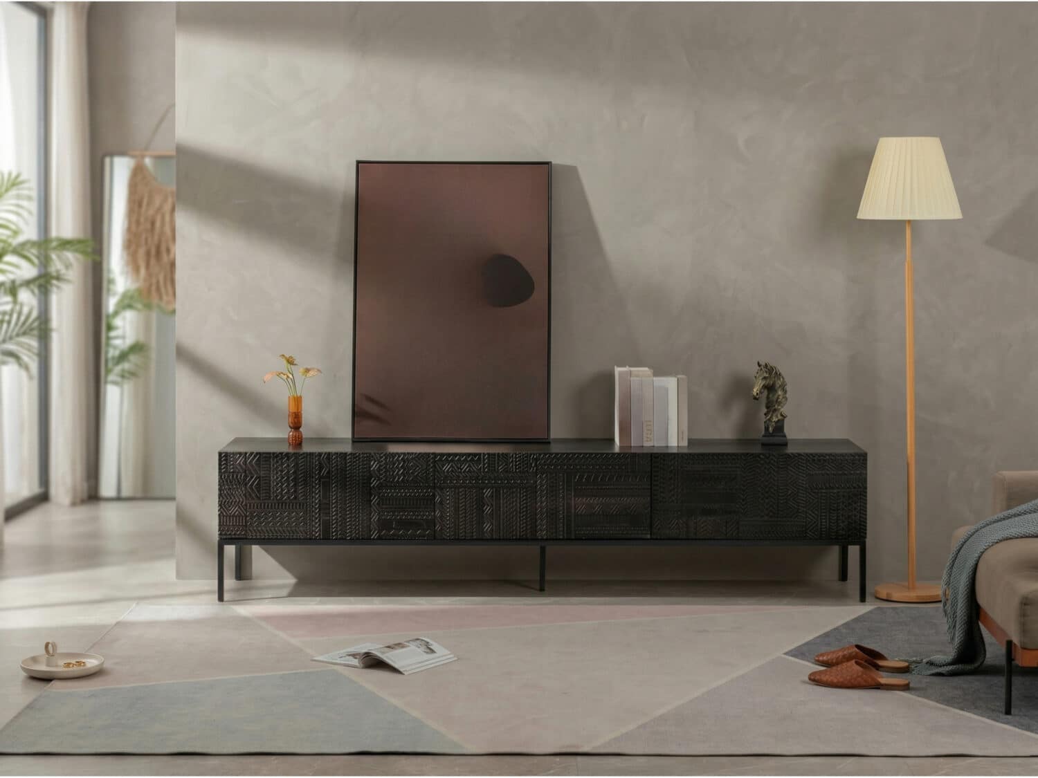 Elegant Black Wood Rectangle Carving Long TV Stand 商品主图 scene