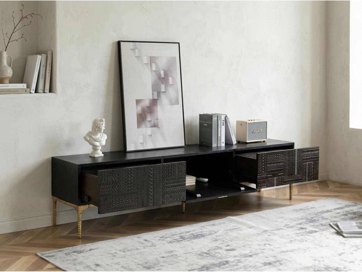 Elegant Black Wood Rectangle Carving Long TV Stand 相册图 #2 scene