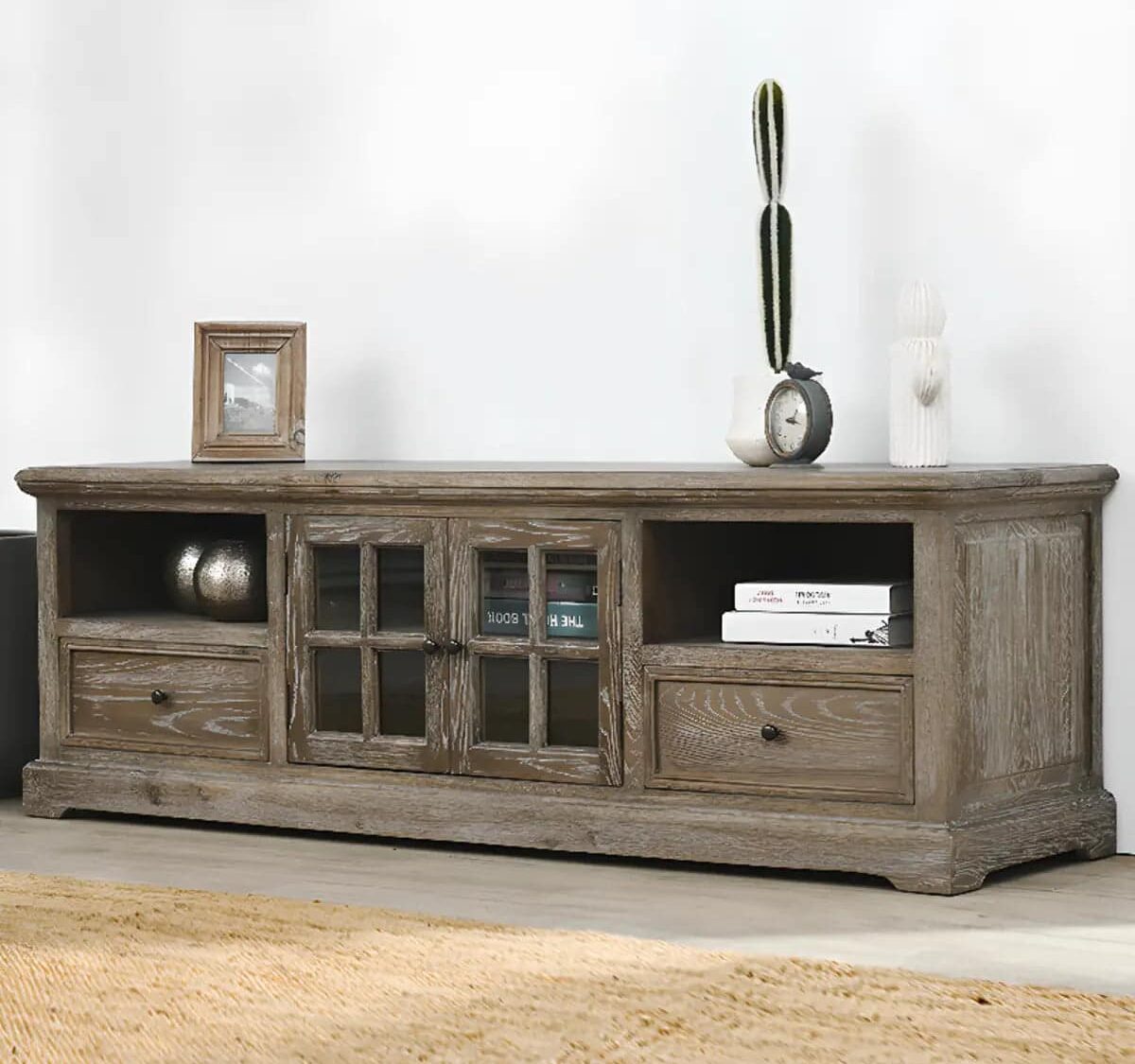 Farmhouse Distressed Wood Tv Stand With Drawers Cabinet 2