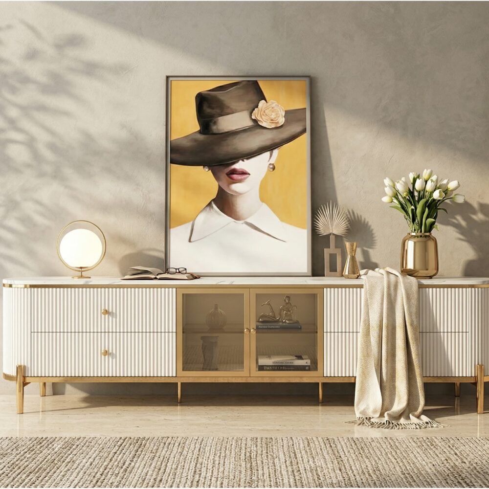 Glam Grey Stone Cabinet Shelves Drawers TV Stand - scene - 变体图 / size: 71"L x 16"W x 22"H / color: White Glam Grey Stone Cabinet Shelves Drawers TV Stand 变体图 / size: 71"L x 16"W x 22"H / color: White scene