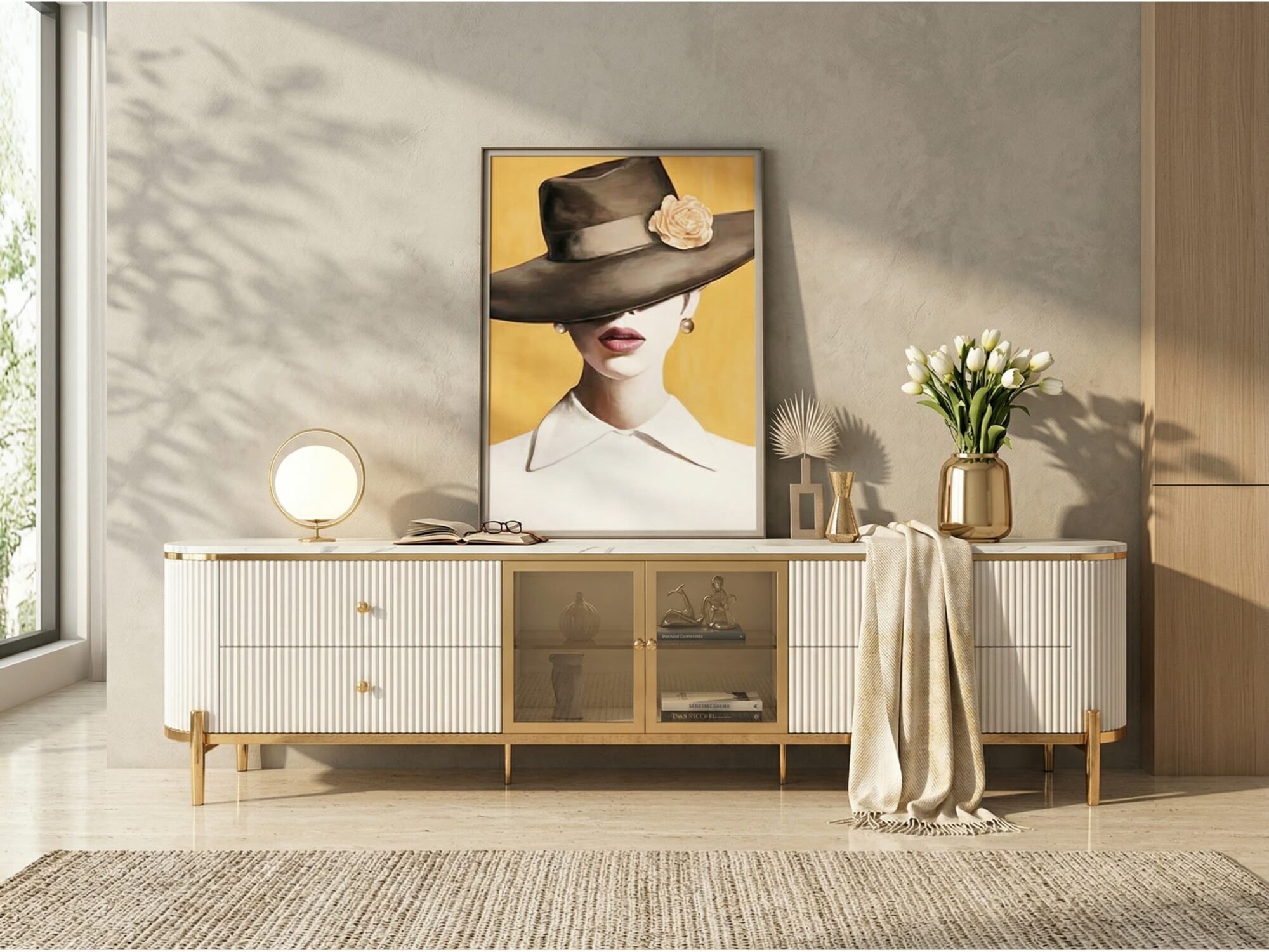 Glam Grey Stone Cabinet Shelves Drawers TV Stand - scene - 变体图 / size: 71"L x 16"W x 22"H / color: White Glam Grey Stone Cabinet Shelves Drawers TV Stand 变体图 / size: 71"L x 16"W x 22"H / color: White scene