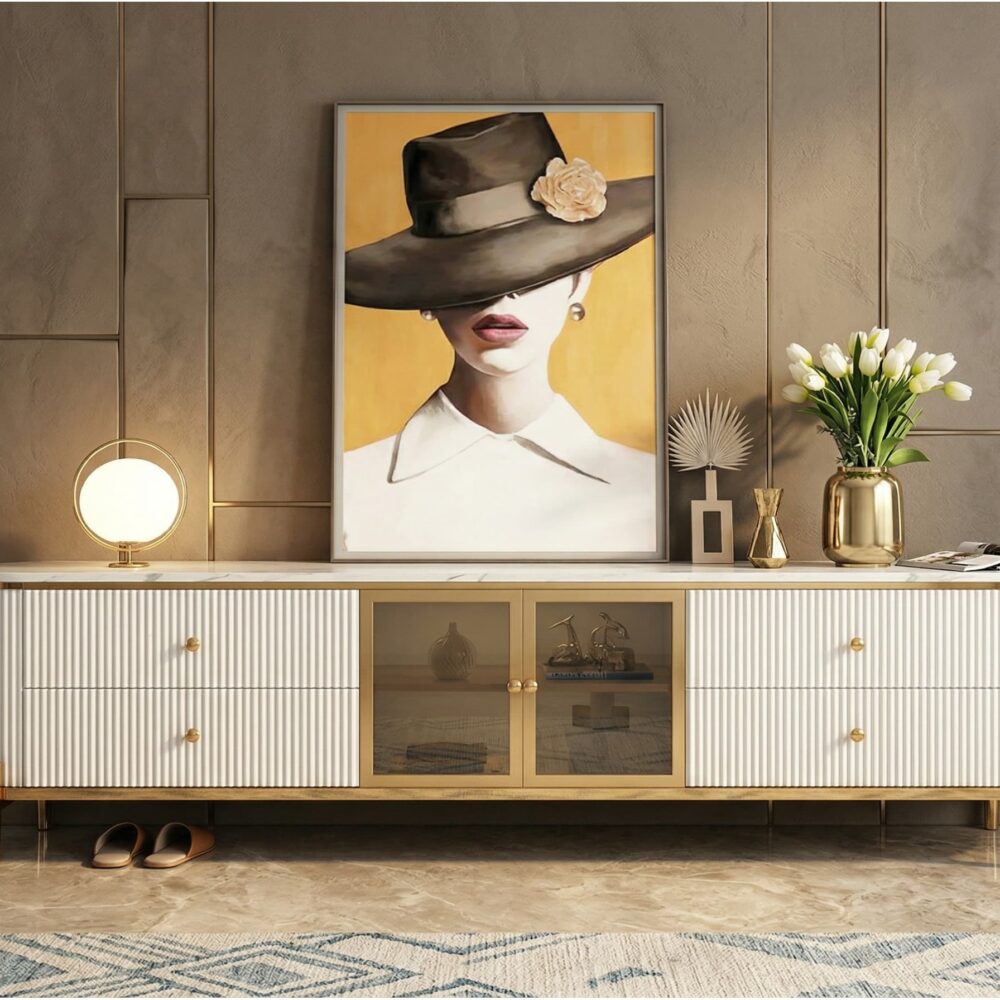 Glam Grey Stone Cabinet Shelves Drawers TV Stand - scene - 变体图 / size: 87"L x 16"W x 22"H / color: White Glam Grey Stone Cabinet Shelves Drawers TV Stand 变体图 / size: 87"L x 16"W x 22"H / color: White scene